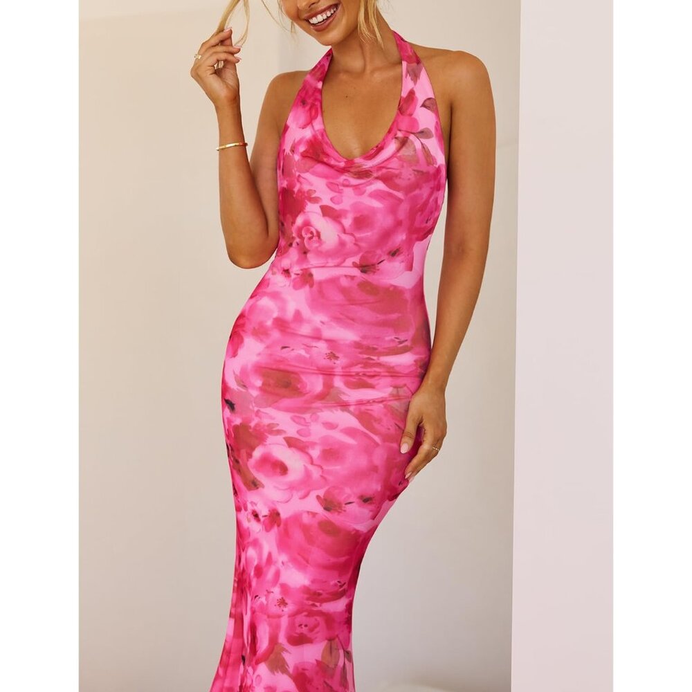 Women's Floral Print Halter Maxi Dress Sleeveless Bodycon Evening Casual - Picture 7 of 8